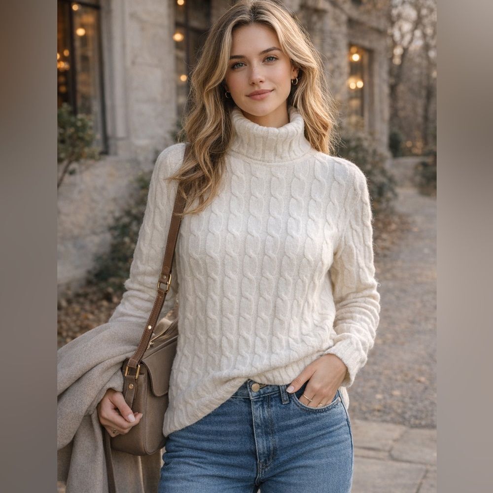 Vintage TSE 100% Cashmere Cable-Knit Turtleneck Sweater – Cream, Women’s Large